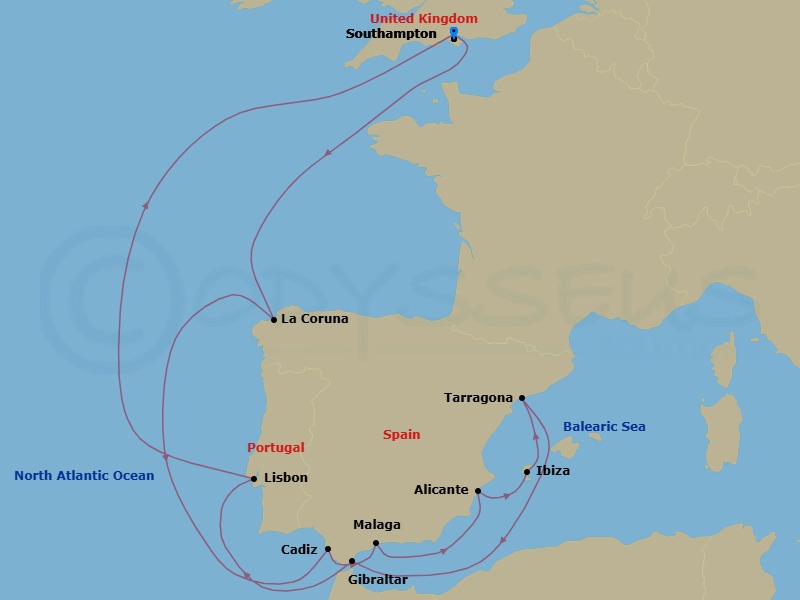 14 Night - Northern Europe - MSC Virtuosa - Starting in Southampton (London), United Kingdom, La Coruna (Santiago De Compostela), Spain, Cadiz (Seville), Spain, Malaga (Granada), Spain, Alicante, Spain, Ibiza (Balearic Islands), Spain, Tarragona, Spain, Gibraltar, Lisbon (Cascais), Portugal, Southampton (London), United Kingdom itinerary map