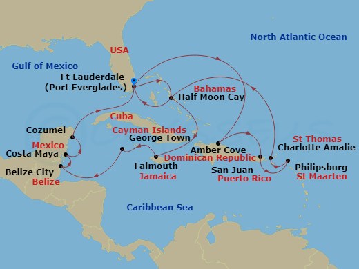 18 Night - Western & Eastern Caribbean : Mexico & San Juan - Koningsdam - Starting in Fort Lauderdale, Florida, Half Moon Cay, Bahamas, Falmouth, Jamaica, Georgetown, Cayman Islands, Belize City, Belize, Costa Maya, Mexico, Cozumel, Mexico, Fort Lauderdale, Florida, Amber Cove, Dominican Republic, San Juan, Puerto Rico, Philipsburg, Sint Maarten, St Thomas, US Virgin Islands, Half Moon Cay, Bahamas, Fort Lauderdale, Florida itinerary map