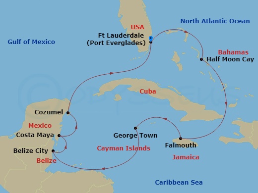 10 Night - Western Caribbean : Greater Antilles, Belize & Mexico - Koningsdam - Starting in Fort Lauderdale, Florida, Half Moon Cay, Bahamas, Falmouth, Jamaica, Georgetown, Cayman Islands, Belize City, Belize, Costa Maya, Mexico, Cozumel, Mexico, Fort Lauderdale, Florida itinerary map