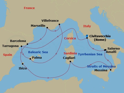 14 Night - Western Mediterranean - Queen Victoria - Starting in Civitavecchia (tours to Rome), Italy, Tarragona, Spain, Palma De Mallorca, Spain, Villefranche, France, Marseille, France, Barcelona, Spain, Ibiza, Spain, Cagliari, Sardinia, Italy, Messina Strait, Italy (Transit), Messina, Sicily, Italy, Salerno (tours to Capri or Pompeii), Italy, Amalfi Coast Sail By, IT, Civitavecchia (tours to Rome), Italy itinerary map