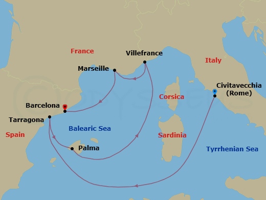 7 Night - Western Mediterranean - Queen Victoria - Starting in Civitavecchia (tours to Rome), Italy, Tarragona, Spain, Palma De Mallorca, Spain, Villefranche, France, Marseille, France, Barcelona, Spain itinerary map