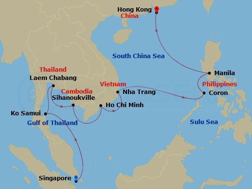 14 Night - Culinary Escapades in Asia - Seven Seas Explorer - Starting in Singapore, Cruising the South China Sea, Ko Samui, Bangkok (Laem Chabang), Sihanoukville, Cruising the South China Sea, Ho Chi Minh City (Saigon), Cam Ranh, Cruising the South China Sea, Coron, Manila, Cruising the South China Sea, Hong Kong itinerary map