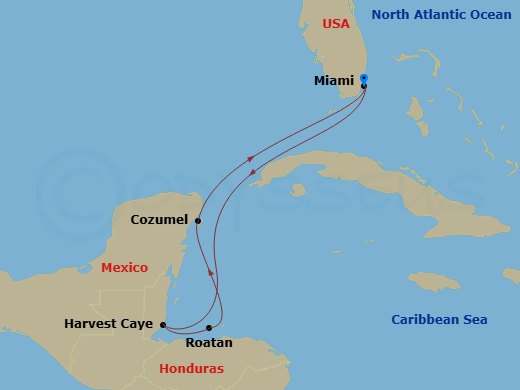 7 Night - Western Caribbean - Miami - Norwegian Aura - Starting in Miami, Fl, Harvest Caye, Belize, Roatan Bay Islands, Honduras, Cozumel, Mexico, Miami, Fl itinerary map