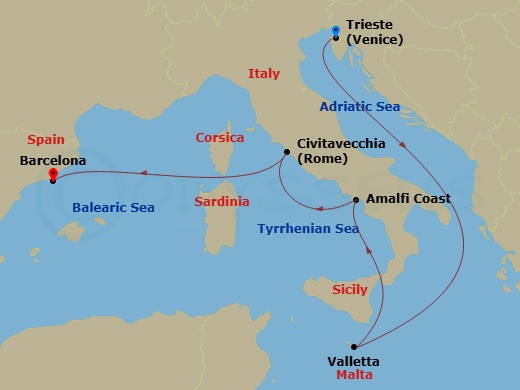 7 Night - Europe - Western Mediterranean - Barcelona - Norwegian Aura - Starting in Venice (Trieste), Italy, Valletta, Malta, Amalfi Coast (Salerno), Italy, Civitavecchia Rome, Italy, Barcelona, Spain itinerary map