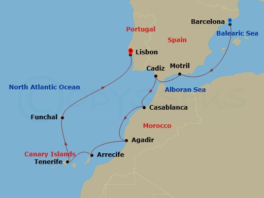 10 Night - Europe - Canary Island - Norwegian Star - Starting in Barcelona, Spain, Motril, Spain, Cadiz / Seville, Spain, Casablanca, Morocco, Agadir, Morocco, Arrecife, Spain, Santa Cruz de Tenerife, Funchal, Portugal, Lisbon, Portugal itinerary map