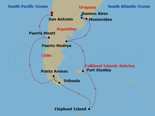 16 Night - South America Product - Norwegian Star - Starting in Buenos Aires, Argentina, Montevideo, Uruguay, Puerto Madryn, Argentina, Stanley, Falkland Islands, Elephant Island / Cape Island, Antarctica, Cruising Paradise Island, Antarctica, Ushuaia, Argentina, Punta Arenas, Chile, Puerto Montt, Chile, San Antonio CL, Chile itinerary map