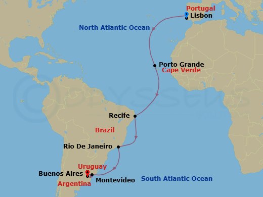 15 Night - Repo - Transatlantic - Norwegian Star - Starting in Lisbon, Portugal, Porto Grande, Cape Verde, Recife, Brazil, Rio De Janeiro, Brazil, Montevideo, Uruguay, Buenos Aires, Argentina itinerary map
