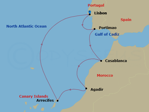 6 Night - Europe & Mediterranean - Crystal Serenity - Starting in Lisbon, Portimao, Casablanca, Morocco, Agadir, Arrecife, Canary Islands, Lisbon itinerary map