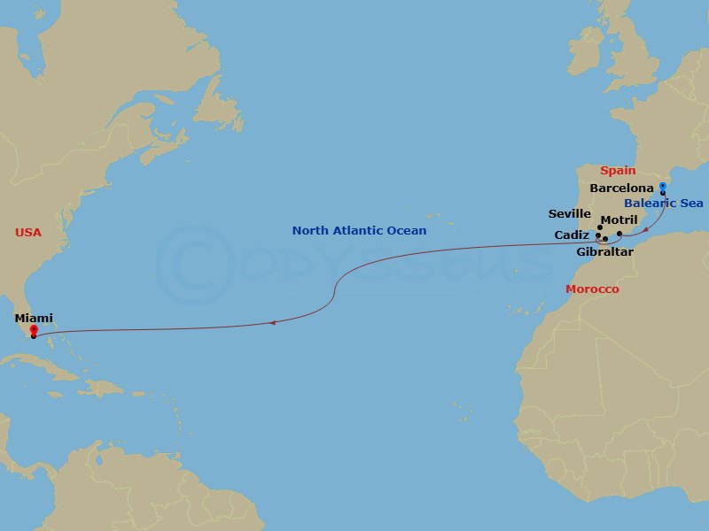 13 Night - Repo - Transatlantic - Norwegian Aura - Starting in Barcelona, Spain, Motril, Spain, Cadiz / Seville, Spain, Gibraltar, Miami, Fl itinerary map