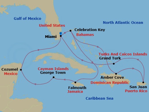 14 Night - Eastern / Western Caribbean Adventurer with Celebration Key - Regal Princess - Starting in Miami, Florida, Celebration Key, Bahamas, Falmouth, Jamaica, Grand Cayman, Cayman Islands, Cozumel, Mexico, Miami, Florida, Celebration Key, Bahamas, Amber Cove, Dominican Republic, San Juan, Puerto Rico, Grand Turk, Turks and Caicos, Miami, Florida itinerary map