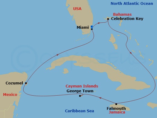 7 Night - Western Caribbean with Grand Cayman - Regal Princess - Starting in Miami, Florida, Celebration Key, Bahamas, Falmouth, Jamaica, Grand Cayman, Cayman Islands, Cozumel, Mexico, Miami, Florida itinerary map