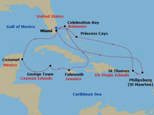 14 Night - Eastern / Western Caribbean Adventurer with Celebration Key - Regal Princess - Starting in Miami, Florida, Princess Cays, Bahamas, St Thomas, US Virgin Islands, St Maarten, Miami, Florida, Celebration Key, Bahamas, Falmouth, Jamaica, Grand Cayman, Cayman Islands, Cozumel, Mexico, Miami, Florida itinerary map