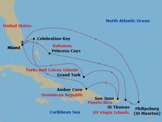 14 Night - Eastern Caribbean Adventurer with Celebration Key - Regal Princess - Starting in Miami, Florida, Celebration Key, Bahamas, Amber Cove, Dominican Republic, San Juan, Puerto Rico, Grand Turk, Turks and Caicos, Miami, Florida, Princess Cays, Bahamas, St Thomas, US Virgin Islands, St Maarten, Miami, Florida itinerary map