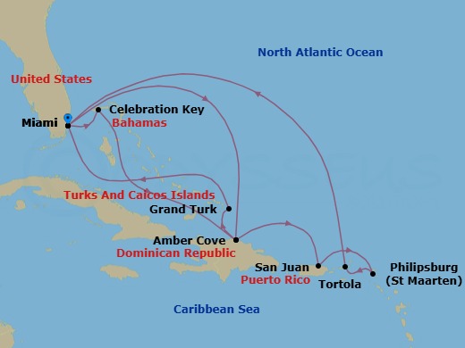 14 Night - Eastern Caribbean Adventurer with Celebration Key Holiday - Regal Princess - Starting in Miami, Florida, Amber Cove, Dominican Republic, San Juan, Puerto Rico, St Maarten, Tortola, British Virgin Islands, Miami, Florida, Celebration Key, Bahamas, Amber Cove, Dominican Republic, Grand Turk, Turks and Caicos, Miami, Florida itinerary map