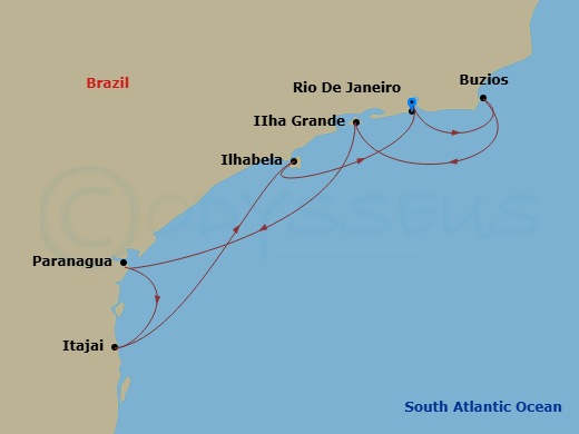 7 Night - South America - MSC Lirica - Starting in Rio De Janeiro, Brazil, Buzios, Brazil, Ilha Grande, Brazil, Paranagua, Brazil, Itajai, Brazil, Ilhabela, Brazil, Rio De Janeiro, Brazil itinerary map