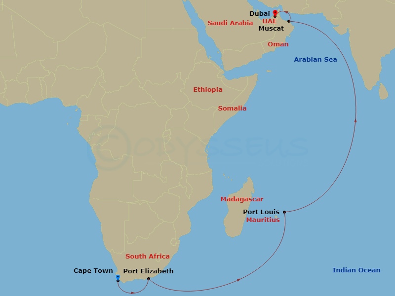 16 Night - Transatlantic from Cape Town - Costa Smeralda - Starting in Cape Town, Port Elizabeth ZA, South Africa, Port Louis, Mauritius, Muscat, Dubai (Dubai Harbor) itinerary map
