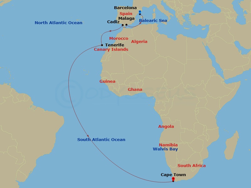 19 Night - Transatlantic from Barcelona - Costa Smeralda - Starting in Barcelona, Malaga, Cadice, Santa Cruz de Tenerife, Walvis Bay, Cape Town itinerary map