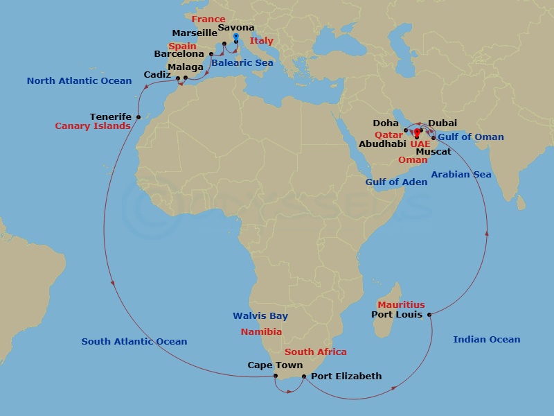 43 Night - Transatlantic from Savona - Costa Smeralda - Starting in Savona, Marseille, Barcelona, Malaga, Cadice, Santa Cruz de Tenerife, Walvis Bay, Cape Town, Port Elizabeth ZA, South Africa, Port Louis, Mauritius, Muscat, Dubai (Dubai Harbor), Muscat, Doha, Qatar, Abu Dhabi (Emirates) itinerary map