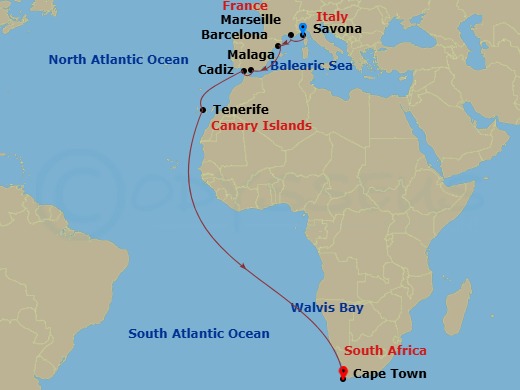 21 Night - Transatlantic from Savona - Costa Smeralda - Starting in Savona, Marseille, Barcelona, Malaga, Cadice, Santa Cruz de Tenerife, Walvis Bay, Cape Town itinerary map