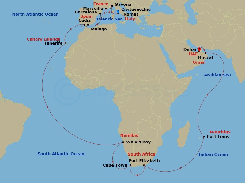 38 Night - Transatlantic from Civitavecchia - Costa Smeralda - Starting in Civitavecchia, Savona, Marseille, Barcelona, Malaga, Cadice, Santa Cruz de Tenerife, Walvis Bay, Cape Town, Port Elizabeth ZA, South Africa, Port Louis, Mauritius, Muscat, Dubai (Dubai Harbor) itinerary map