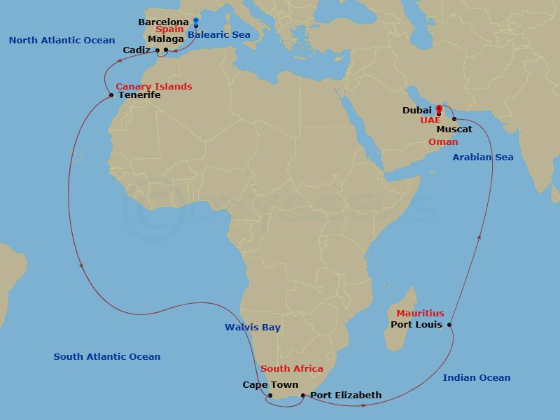 35 Night - Transatlantic from Barcelona - Costa Smeralda - Starting in Barcelona, Malaga, Cadice, Santa Cruz de Tenerife, Walvis Bay, Cape Town, Port Elizabeth ZA, South Africa, Port Louis, Mauritius, Muscat, Dubai (Dubai Harbor) itinerary map