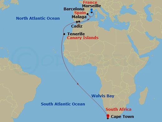 20 Night - Transatlantic from Marseille - Costa Smeralda - Starting in Marseille, Barcelona, Malaga, Cadice, Santa Cruz de Tenerife, Walvis Bay, Cape Town itinerary map