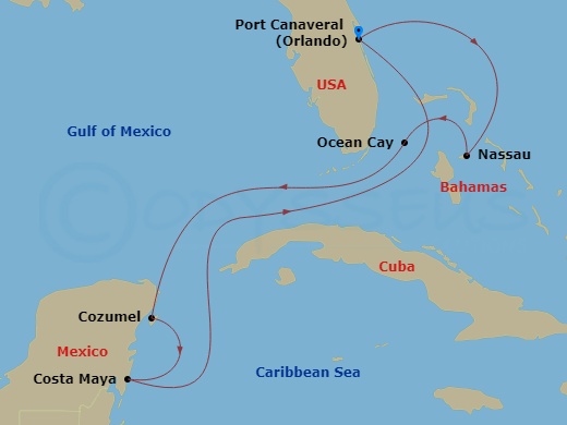 7 Night - Caribbean and Antilles - MSC Grandiosa - Starting in Port Canaveral (Orlando), Florida, Nassau, Bahamas, Ocean Cay Msc Marine Reserve, Bahamas, Cozumel, Mexico, Costa Maya, Mexico, Port Canaveral (Orlando), Florida itinerary map