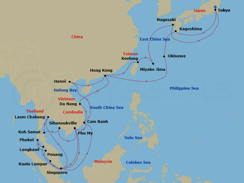42 Night - Japan & Southeast Asia Grand Adventure - Sapphire Princess - Starting in Tokyo, Japan, Kagoshima, Japan, Okinawa, Japan, Hong Kong, Da Nang / Hue (Chan May), Vietnam, Cam Ranh (Nha Trang), Vietnam, Ho Chi Minh City (Phu My), Vietnam, Singapore, Laem Chabang (for Bangkok), Thailand, Ko Samui, Thailand, Sihanoukville, Cambodia, Ho Chi Minh City (Phu My), Vietnam, Penang, Malaysia, Phuket, Thailand, Langkawi, Malaysia, Kuala Lumpur (Port Kelang), Malaysia, Singapore, Cam Ranh (Nha Trang), Vietnam, Halong Bay / Hanoi (Cai Lan), Vietnam, Scenic Cruising Halong Bay, Hong Kong, Taipei (Keelung), Miyakojima, Japan, Nagasaki, Japan, Tokyo, Japan itinerary map