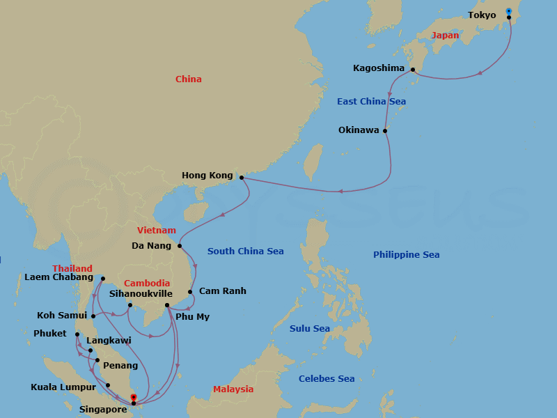 28 Night - Japan & Southeast Asia Grand Adventure - Sapphire Princess - Starting in Tokyo, Japan, Kagoshima, Japan, Okinawa, Japan, Hong Kong, Da Nang / Hue (Chan May), Vietnam, Cam Ranh (Nha Trang), Vietnam, Ho Chi Minh City (Phu My), Vietnam, Singapore, Laem Chabang (for Bangkok), Thailand, Ko Samui, Thailand, Sihanoukville, Cambodia, Ho Chi Minh City (Phu My), Vietnam, Penang, Malaysia, Phuket, Thailand, Langkawi, Malaysia, Kuala Lumpur (Port Kelang), Malaysia, Singapore itinerary map