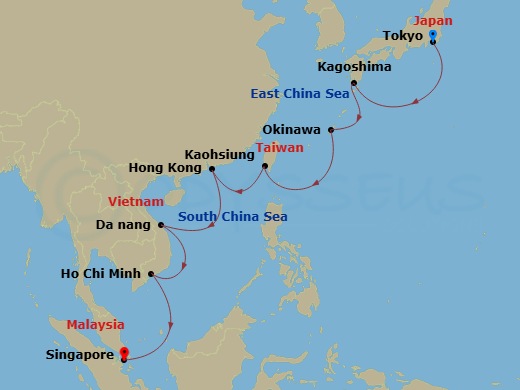 14 Night - Southeast Asia & Japan - Sapphire Princess - Starting in Tokyo, Japan, Kagoshima, Japan, Okinawa, Japan, Kaohsiung, Taiwan, Hong Kong, Da Nang / Hue (Chan May), Vietnam, Ho Chi Minh City (Phu My), Vietnam, Singapore itinerary map