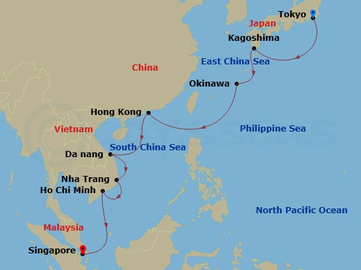 14 Night - Southeast Asia & Japan - Sapphire Princess - Starting in Tokyo, Japan, Kagoshima, Japan, Okinawa, Japan, Hong Kong, Da Nang / Hue (Chan May), Vietnam, Cam Ranh (Nha Trang), Vietnam, Ho Chi Minh City (Phu My), Vietnam, Singapore itinerary map
