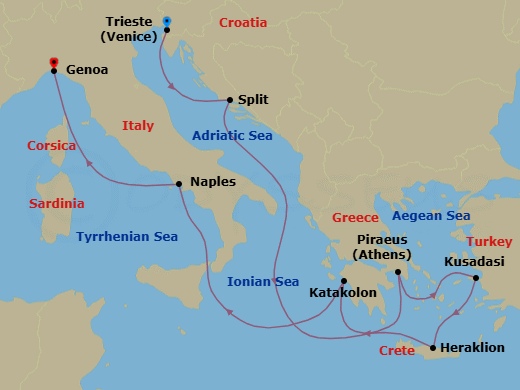 9 Night - Mediterranean - MSC Splendida - Starting in Trieste (Venice), Italy, Split, Croatia, Piraeus (Athens), Greece, Kusadasi, Turkey, Heraklion (Crete), Greece, Katakolon (Olympia), Greece, Naples (Pompeii), Italy, Genoa (Portofino), Italy itinerary map