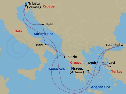 9 Night - Mediterranean - MSC Splendida - Starting in Trieste (Venice), Italy, Split, Croatia, Piraeus (Athens), Greece, Izmir (Ephesus), Turkey, Istanbul, Turkey, Corfu, Greece, Bari, Italy, Trieste (Venice), Italy itinerary map