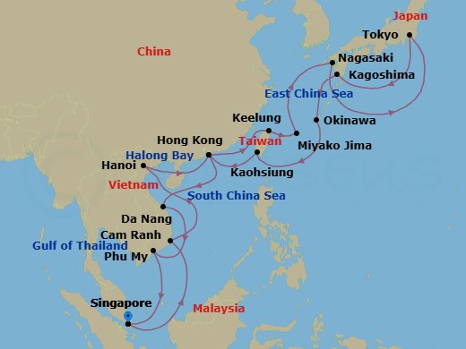 28 Night - Japan & Southeast Asia Grand Adventure - Sapphire Princess - Starting in Singapore, Cam Ranh (Nha Trang), Vietnam, Halong Bay / Hanoi (Cai Lan), Vietnam, Scenic Cruising Halong Bay, Hong Kong, Taipei (Keelung), Miyakojima, Japan, Nagasaki, Japan, Tokyo, Japan, Kagoshima, Japan, Okinawa, Japan, Kaohsiung, Taiwan, Hong Kong, Da Nang / Hue (Chan May), Vietnam, Ho Chi Minh City (Phu My), Vietnam, Singapore itinerary map