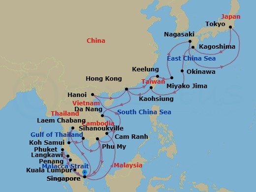 42 Night - Japan & Southeast Asia Grand Adventure - Sapphire Princess - Starting in Singapore, Laem Chabang (for Bangkok), Thailand, Ko Samui, Thailand, Sihanoukville, Cambodia, Ho Chi Minh City (Phu My), Vietnam, Penang, Malaysia, Phuket, Thailand, Langkawi, Malaysia, Kuala Lumpur (Port Kelang), Malaysia, Singapore, Cam Ranh (Nha Trang), Vietnam, Halong Bay / Hanoi (Cai Lan), Vietnam, Scenic Cruising Halong Bay, Hong Kong, Taipei (Keelung), Miyakojima, Japan, Nagasaki, Japan, Tokyo, Japan, Kagoshima, Japan, Okinawa, Japan, Kaohsiung, Taiwan, Hong Kong, Da Nang / Hue (Chan May), Vietnam, Ho Chi Minh City (Phu My), Vietnam, Singapore itinerary map