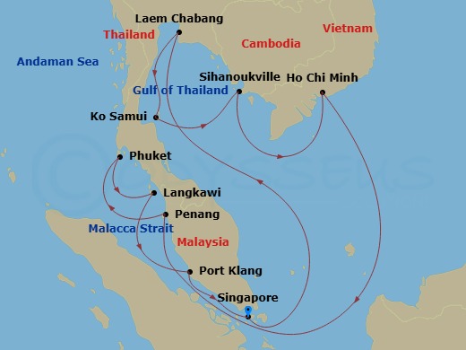14 Night - Southeast Asia with Malaysia, Thailand & Vietnam - Sapphire Princess - Starting in Singapore, Laem Chabang (for Bangkok), Thailand, Ko Samui, Thailand, Sihanoukville, Cambodia, Ho Chi Minh City (Phu My), Vietnam, Penang, Malaysia, Phuket, Thailand, Langkawi, Malaysia, Kuala Lumpur (Port Kelang), Malaysia, Singapore itinerary map