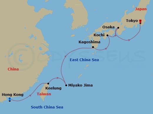 10 Night - Japan & Taiwan - Coral Princess - Starting in Hong Kong, Taipei (Keelung), Miyakojima, Japan, Kagoshima, Japan, Kochi, Japan, Osaka (for Kyoto), Japan, Tokyo, Japan itinerary map