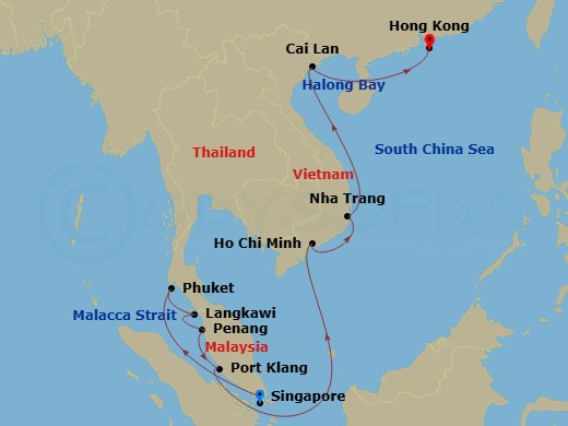13 Night - Thailand, Malaysia & Vietnam - Coral Princess - Starting in Singapore, Phuket, Thailand, Langkawi, Malaysia, Penang, Malaysia, Kuala Lumpur (Port Kelang), Malaysia, Ho Chi Minh City (Phu My), Vietnam, Cam Ranh (Nha Trang), Vietnam, Halong Bay / Hanoi (Cai Lan), Vietnam, Hong Kong itinerary map