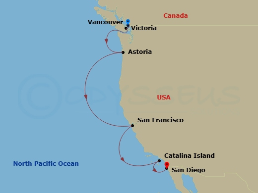 7 Night - The Americas & Caribbean - Crystal Serenity - Starting in Vancouver, Victoria CA, Canada, Astoria, San Francisco, Santa Catalina Island, San Diego itinerary map