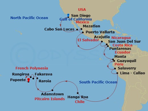 31 Night - Transoceanic - Crystal Serenity - Starting in San Diego, Cabo San Lucas (Baja California Sur), Mazatlan, Puerto Vallarta, Acajutla, San Juan del Sur, Puntarenas, Manta, Guayaquil, Salaverry, Lima (Callao), Hanga Roa, Adamstown (Sightseeing Only), Raroia, Fakarava, Rangiroa, Papeete (Tahiti) itinerary map