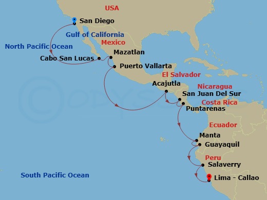 15 Night - The Americas & Caribbean - Crystal Serenity - Starting in San Diego, Cabo San Lucas (Baja California Sur), Mazatlan, Puerto Vallarta, Acajutla, San Juan del Sur, Puntarenas, Manta, Guayaquil, Salaverry, Lima (Callao) itinerary map