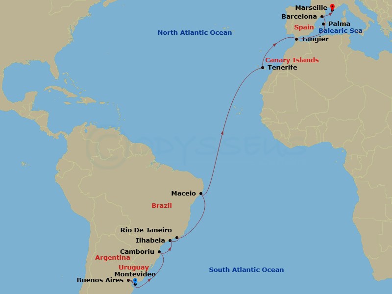 20 Night - Msc Grand Voyages - MSC Fantasia - Starting in Buenos Aires, Argentina, Camboriu, Brazil, Ilhabela, Brazil, Rio De Janeiro, Brazil, Maceio, Brazil, Santa Cruz de Tenerife, Tangier (Tetouan), Morocco, Palma De Mallorca (Baleari Is), Spain, Barcelona, Spain, Marseille (Provence), France itinerary map