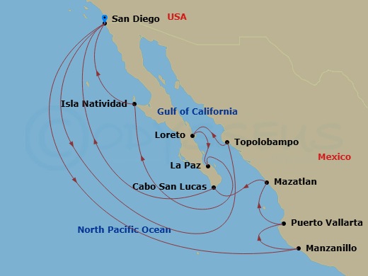 18 Night - The Americas & Caribbean - Crystal Serenity - Starting in San Diego, Topolobampo, Loreto, La Paz, Isla Natividad (Sightseeing Only), San Diego, Manzanillo, Puerto Vallarta, Mazatlan, Cabo San Lucas (Baja California Sur), San Diego itinerary map