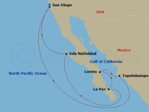 9 Night - The Americas & Caribbean - Crystal Serenity - Starting in San Diego, Topolobampo, Loreto, La Paz, Isla Natividad (Sightseeing Only), San Diego itinerary map