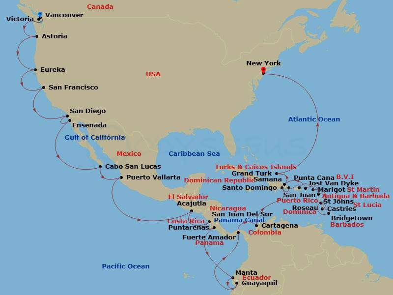 39 Night - The Americas & Caribbean - Crystal Symphony - Starting in Vancouver, Victoria CA, Canada, Astoria, Eureka, California, San Francisco, San Diego, Ensenada, Cabo San Lucas (Baja California Sur), Puerto Vallarta, Acajutla, San Juan del Sur, Puntarenas, Manta, Guayaquil, Fuerte Amador (Panama City), Panama Canal Transit, Cartagena CO, Santo Domingo, Punta Cana, San Juan, Marigot, St Martin, Roseau, Bridgetown, Castries, St Lucia, St Johns, Jost Van Dyke, British Virgin Islands, Samana, Grand Turk, New York itinerary map