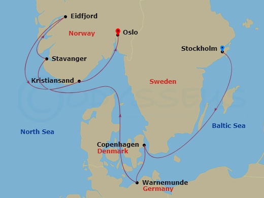 8 Night - Sto - MSC Magnifica - Starting in Stockholm, Sweden, Copenhagen, Denmark, Warnemunde (Berlin), Germany, Stavanger (Lysefijord), Norway, Eidfjord, Norway, Kristiansand, Norway, Oslo, Norway itinerary map