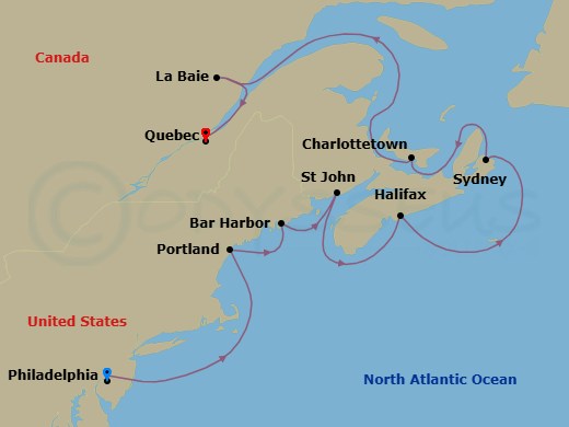13 Night - Pre Philadelphia Cruisetour - Norwegian Jewel Tours - Starting in At Hotel, Philadelphia, Pa, Portland ME, Bar Harbor, Me, Saint John NB (Bay of Fundy), Halifax, Canada, Sydney NS, Cape Breton Island, Canada, Charlottetown, Prince Edward Island, Canada, La Baie Saguenay River, Canada, Quebec City, Canada itinerary map