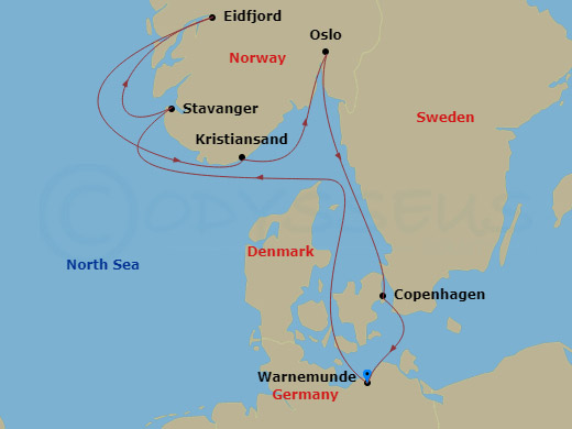 7 Night - War - MSC Magnifica - Starting in Warnemunde (Berlin), Germany, Stavanger (Lysefijord), Norway, Eidfjord, Norway, Kristiansand, Norway, Oslo, Norway, Copenhagen, Denmark, Warnemunde (Berlin), Germany itinerary map