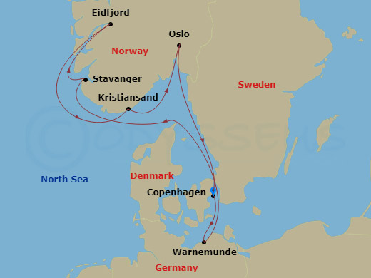 7 Night - Cph - MSC Magnifica - Starting in Copenhagen, Denmark, Warnemunde (Berlin), Germany, Stavanger (Lysefijord), Norway, Eidfjord, Norway, Kristiansand, Norway, Oslo, Norway, Copenhagen, Denmark itinerary map