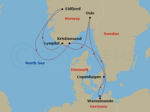 7 Night - War - MSC Magnifica - Starting in Warnemunde (Berlin), Germany, Kristiansand, Norway, Eidfjord, Norway, Lyngdal, Norway, Oslo, Norway, Copenhagen, Denmark, Warnemunde (Berlin), Germany itinerary map